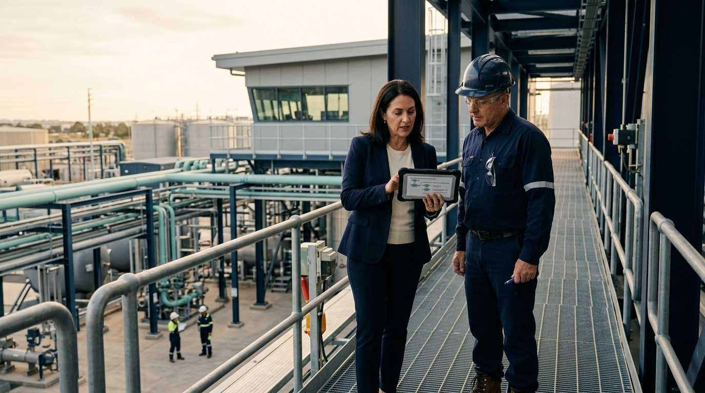 Adviser and representative reviewing environmental controls at an industrial site