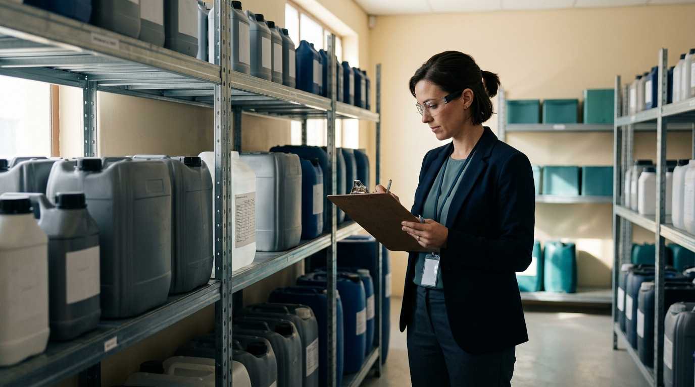 Reviewer checking organised chemical storage