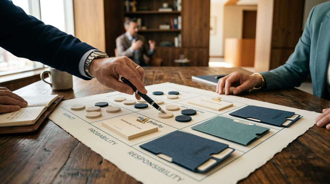 Hands arranging a risk and assurance review